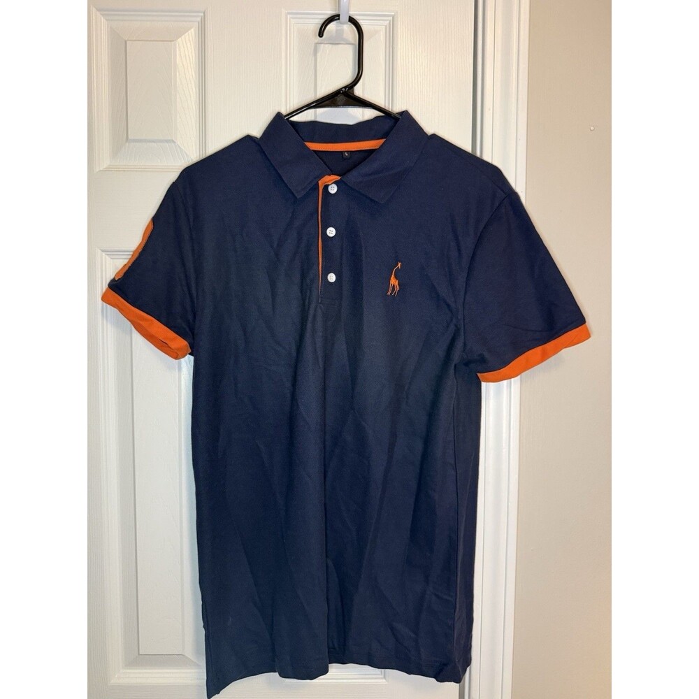 Men's Large Navy Blue Polo Shirt Orange Trim Embroidered Giraffe Logo 3 Patch